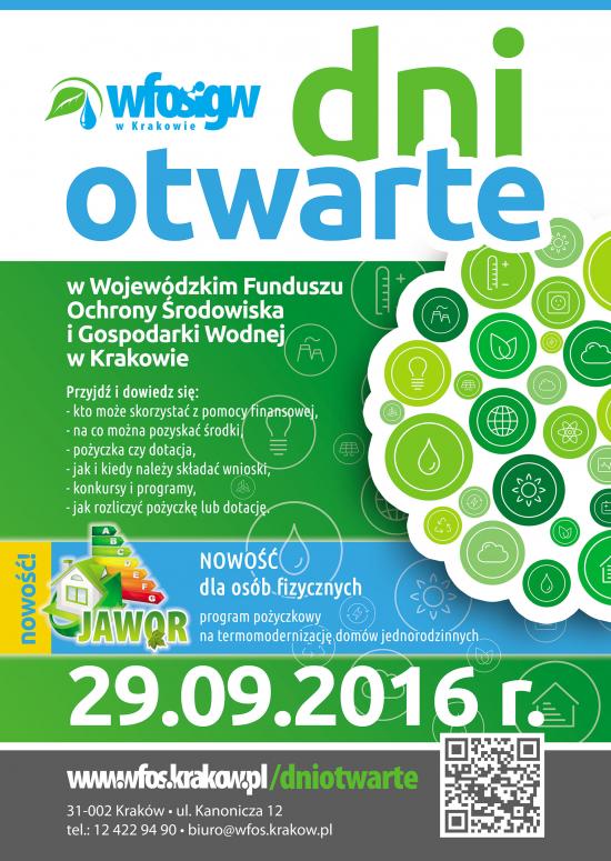 Plakat dni otwartych w Wojewódzkim Funduszu Ochrony Środowiska i Gospodarki Wodnej w Krakowie